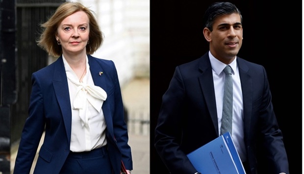 Britain's Foreign Secretary Liz Truss (L) arriving to attend the weekly Cabinet meeting at 10 Downing Street, in London, on April 19, 2022 and Britain's Chancellor of the Exchequer Rishi Sunak leaving the 11 Downing Street, in London, on March 23, 2022. AFP