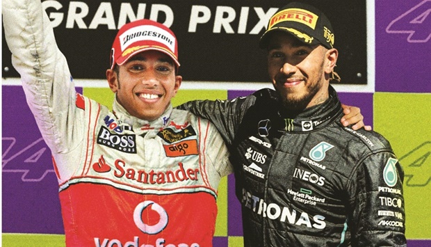 This computer-generated image shows Lewis Hamilton (left) on his first podium 15 years ago and his third-place finish (right) at the Austrian Grand Prix on July 8, 2002. @MercedesAMGF1
