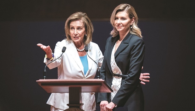 US House Speaker Nancy Pelosi and Ukrainian first lady Olena Zelenska attend a meeting with members of the US Congress, on Capitol Hill in Washington, yesterday.