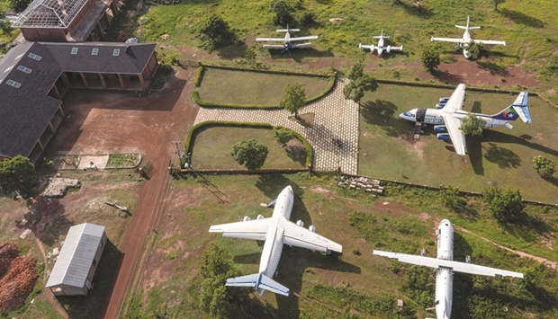An aerial view shows six aircrafts parked at the studio facility of Ghanaian artist Ibrahim Mahama in Tamale, Ghana.