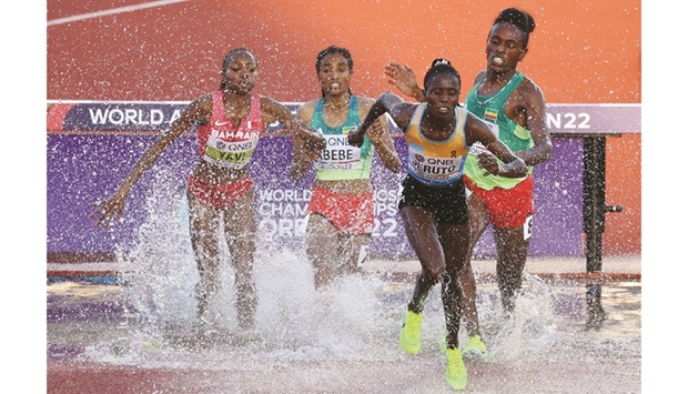Kazakhstanu2019s Norah Jeruto (second right) sprints to victory in the 3000 metres steeplechase final ahead of Ethopiau2019s  Werkuha Getachew (right), Ethopiau2019s Mekides Abebe (second left) and Bahrainu2019s Winfred Mutile in Eugene, Oregon. (Reuters)
