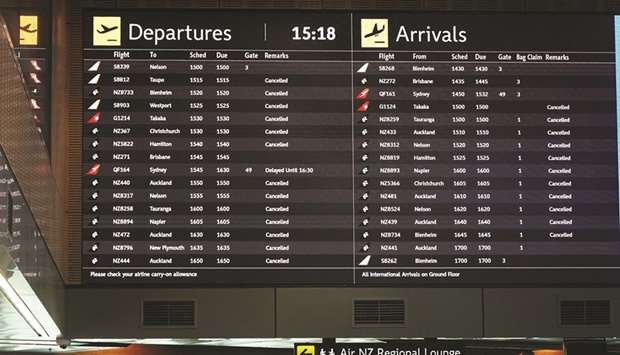 A flight information board shows cancelled flights at the airport in Wellington.