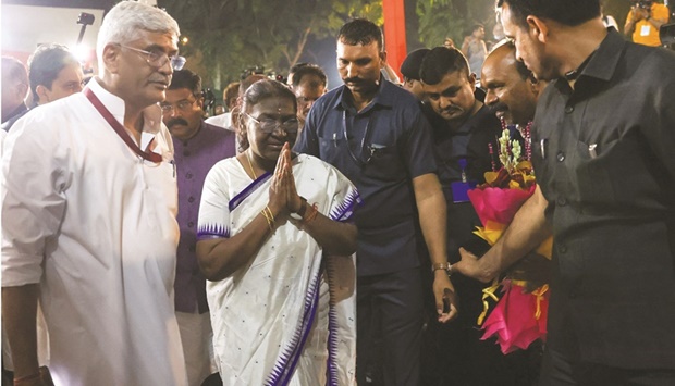 President-elect Droupadi Murmu arrives at a welcoming ceremony in New Delhi.