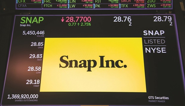 A monitor with Snap signage on the floor of the New York Stock Exchange. Snap stock cratered after the company reported disappointing sales.