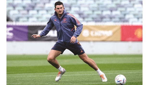 Manchester Unitedu2019s Harry Maguire warms up during a training  session at the WACA stadium in Perth yesterday. (AFP)