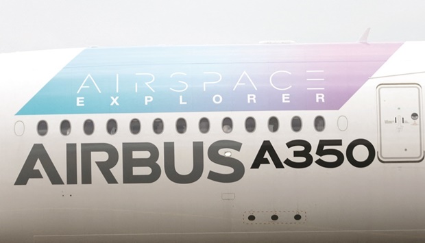 An Airbus A350 aircraft during a display at the Farnborough International Airshow in Britain.