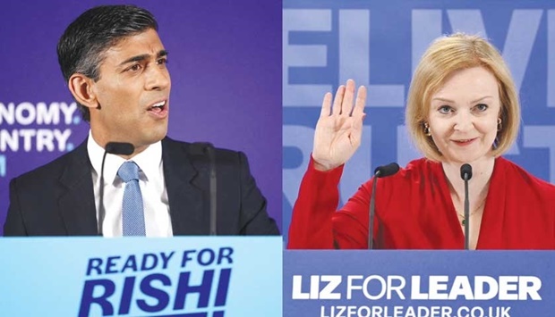 A combination picture shows former Chancellor of the Exchequer Rishi Sunak speaks to the media at an event to launch his campaign to be the next Conservative leader and prime minister, in London, on July 12, and British Foreign Secretary and Conservative leadership campaign candidate Liz Truss speaks during her campaign launch event, in London, on July 14.