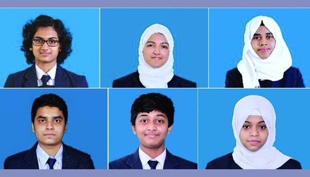 Left to Right: Row 1: Grade XII - Bhagya Lekshmi B S, Fathima Nizar,  Ridha Zakkir Hussain. Row 2: Grade X - Asad Maqbool Bhatkar, Mohamed Abdullah Amaan, Alaa Maki Eltayeb