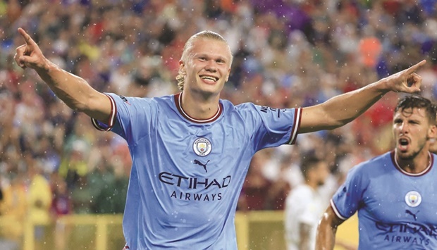 Erling Haaland of Manchester City celebrates after scoring their teamu2019s first goal during the pre-season friendly against Bayern Munich at Lambeau Field in Green Bay, Wisconsin. (AFP)
