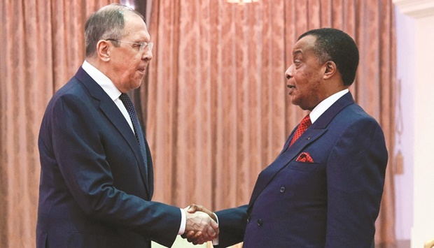 Russian Foreign Minister Sergei Lavrov meets with Republic of Congou2019s President Denis Sassou Nguesso in Oyo, yesterday.