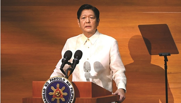 Philippine President Ferdinand Marcos Jr delivers his first State of the Nation Address, in Quezon City, yesterday.