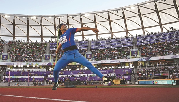Indiau2019s Neeraj Chopra competes in the javelin throw final during the World Athletics Championships at Hayward Field in Eugene, Oregon, on Saturday. (AFP)