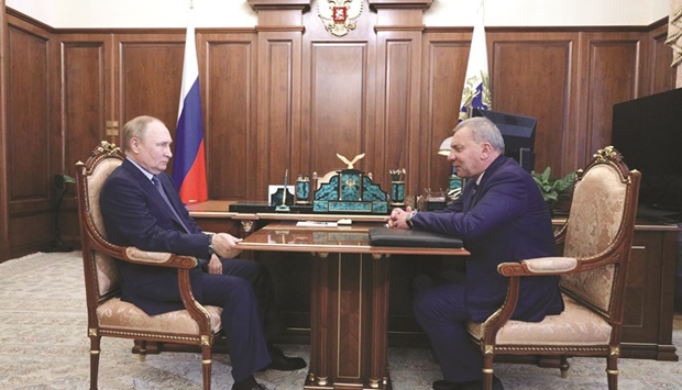 Russian President Vladimir Putin during a meeting with newly-appointed head of the Roscosmos space agency Yuri Borisov in Moscow yesterday. (Reuters)