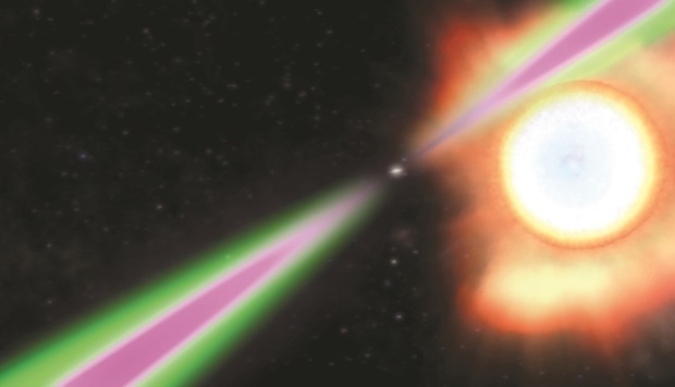 A spinning neutron star periodically swings its radio (green) and gamma-ray (magenta) beams past Earth in this artistu2019s concept of a black widow pulsar. The pulsar heats the facing side of its stellar partner to temperatures twice as hot as the sunu2019s surface and slowly evaporates it.
