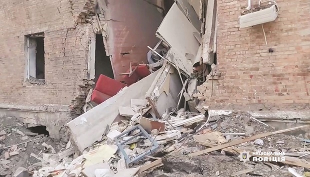 A view shows a damaged building in Bakhmut, Donetsk Oblast, Ukraine, in this still image obtained from a social media video released yesterday. (Reuters)