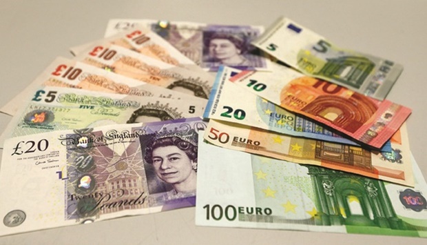 British pounds and euro banknotes are pictured in a bank in Munich. The euro and sterling rose yesterday against safe-haven currencies, supported by improved global risk sentiment in a quiet trading session due to a holiday in the United States.