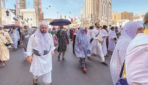 Muslim pilgrims arrive at the Grand Mosque in Saudi Arabiau2019s holy city of Makkah, yesterday.