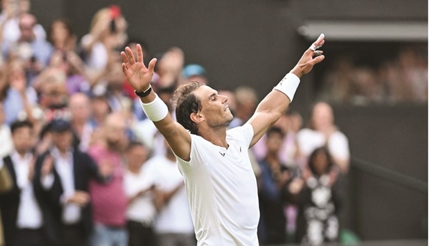 Spainu2019s Rafael Nadal celebrates winning against US player Taylor Fritz after winning his Wimbledon quarter-final in London yesterday. (AFP)