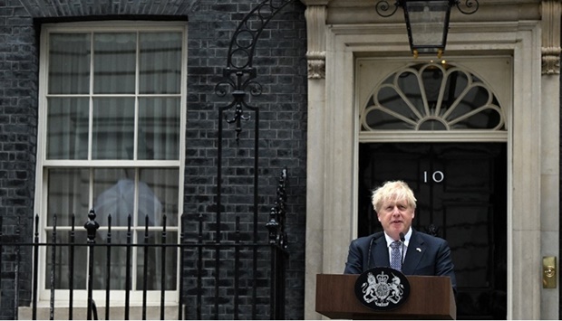 Britain's Prime Minister Boris Johnson makes a statement in front of 10 Downing Street in central London on July 7, 2022. Johnson quit as Conservative party leader, after three tumultuous years in charge marked by Brexit, Covid and mounting scandals.