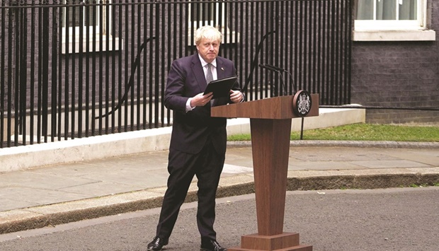 Britainu2019s Prime Minister Boris Johnson makes a statement in front of 10 Downing Street in central London yesterday.