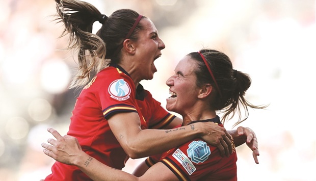 Spainu2019s Mariona Caldentey celebrates scoring their fourth goal against Finland with teammate Marta Cardona during the Womenu2019s Euro 2022 Group B match in  Milton Keynes, Britain, yesterday. (Reuters)