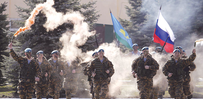 Russian paratroopers performing during a military show in the southern city of Stavropol.