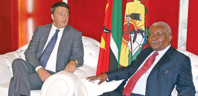 Renzi with Guebuza in Maputo. Renzi became the first Italian head of government to visit Mozambique yesterday, on the first leg of an African tour aim