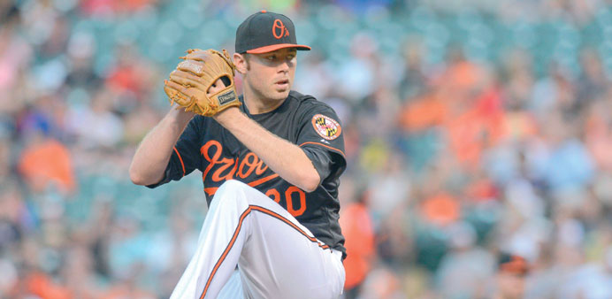 Baltimore Orioles starting pitcher Chris Tillman in action against the Boston Red Sox during the second inning of their American League baseball game 