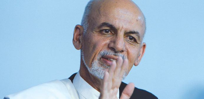 Afghan presidential candidate Ashraf Ghani gestures as he addresses a press conference at his house in Kabul yesterday.