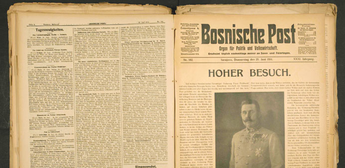 A digitised image of the front page of the June 25, 1914, edition of the Bosnische Post before the visit to Sarajevo by the heir to the Habsburg thron