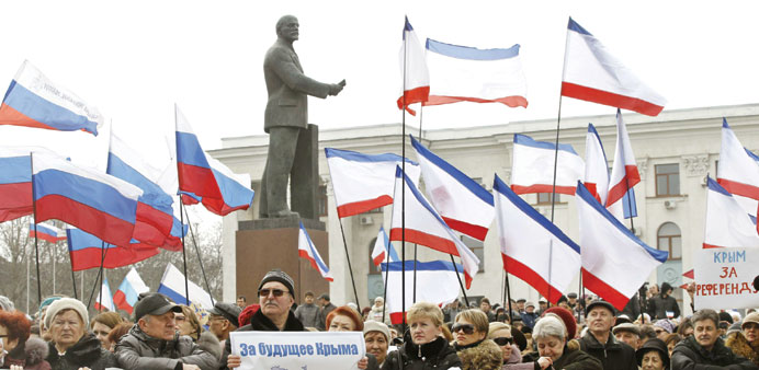 Pro-Russian supporters attend a rally in Simferopol.