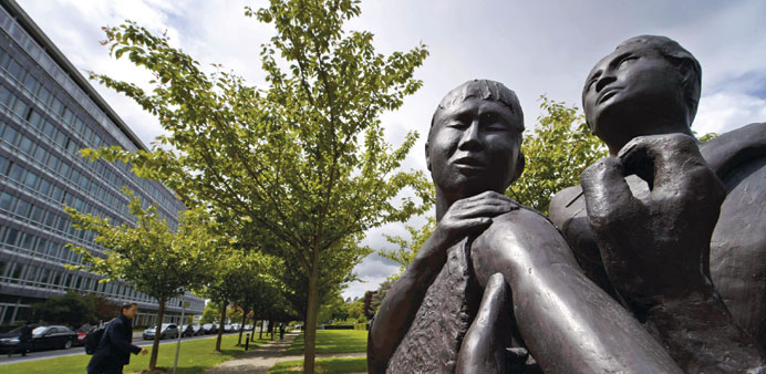 A statue representing a child receiving an injection of vaccine is seen at the World Health Organisation headquarters in Geneva yesterday.