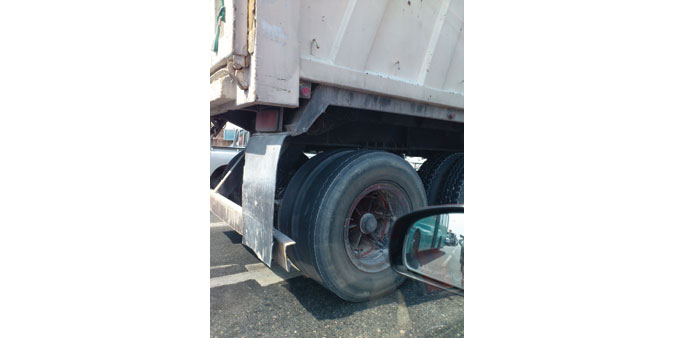 A heavy truck with worn-out rear tyres seen on a Doha road.  PICTURE: Bonnie James.