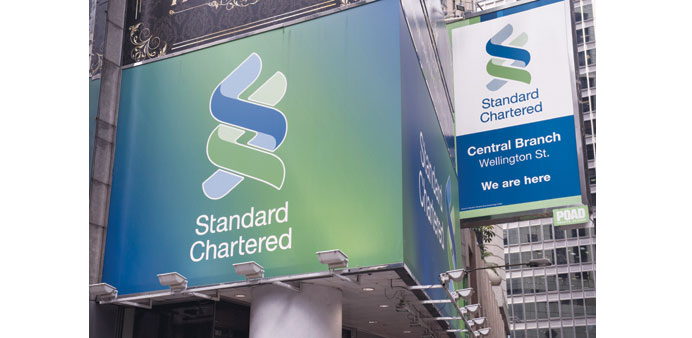 Standard Chartered billboards hang above a bank branch in Hong Kong. The banku2019s shares rose 0.29% to 1,221 pence yesterday.