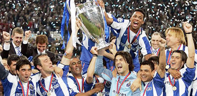 Porto players celebrating after wining the Champions League in 2004.