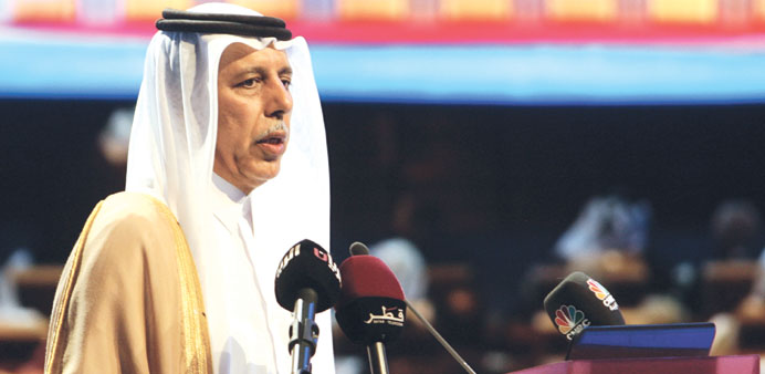 HE al-Mahmoud addressing the World Trade Agenda in Doha yesterday.
