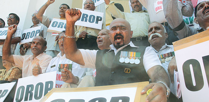 Ex-servicemen stage a demonstration to press for their demand of OROP - one rank one pension in Panaji yesterday. 