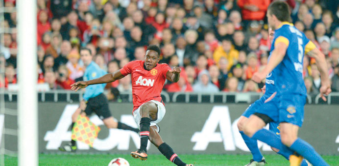 Manchester Unitedu2019s Danny Welbeck scores against A-League All-Stars during the tour match in Sydney yesterday. (AFP)