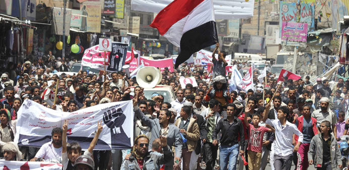 Anti-Houthi protesters demonstrate in Yemenu2019s central city of Ibb yesterday.