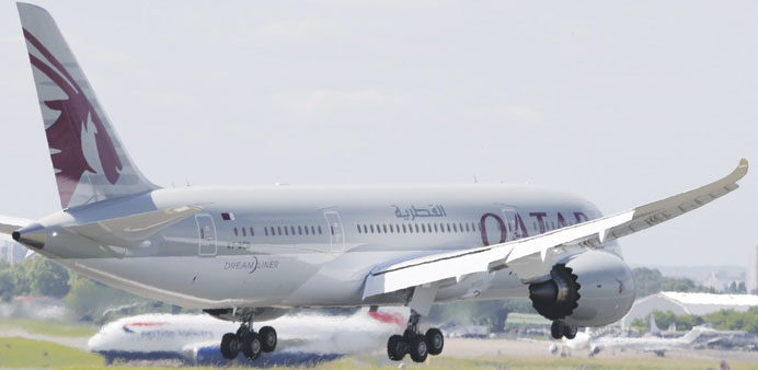 Qatar Airwaysu2019 brand new Boeing 787 lands at Le Bourget, venue of the Paris Air Show, where the aircraft will be on static display beginning today. Th