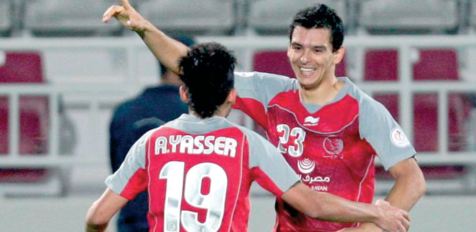 Lekhwiyau2019s ace forward Sebastian Soria celebrates after scoring against Pakhtakor during the AFC Champions League match yesterday.