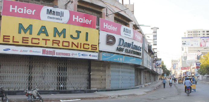 A view of a closed market in restive Karachi, yesterday. Several parts of the countryu2019s financial hub were shut down forcefully by armed men panicking