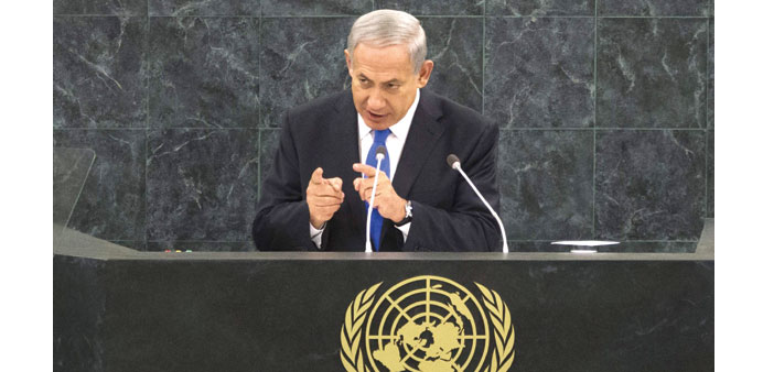 Netanyahu addresses the UN General Assembly in New York yesterday.