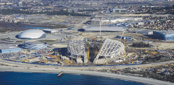 A view from a helicopter shows the Fisht Olympic Stadium (C) and other Olympic venues under construction for the 2014 Winter Olympic games in Sochi. T
