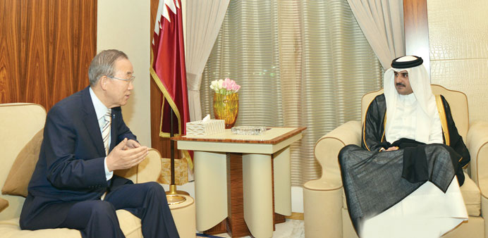 HH the Emir Sheikh Tamim bin Hamad al-Thani holding talks with UN Secretary General Ban Ki-moon yesterday.