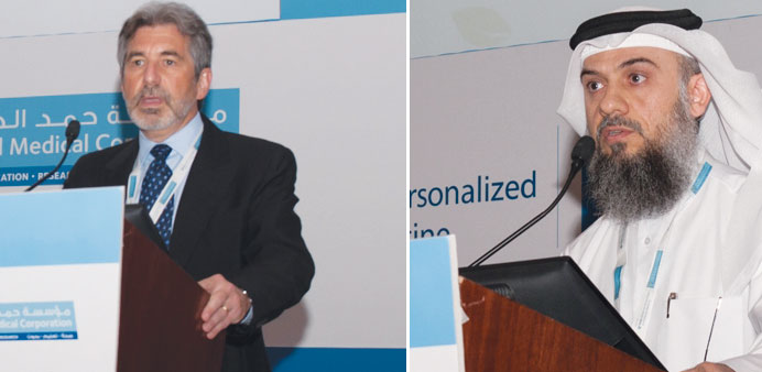 Dr Geoffrey Ginsburg, left, and Dr Ibrahim Janahi speaking at Personalised and Precision Medicine Symposium.