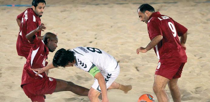 Action from the Qatar-Afghanistan match in the  beach soccer World Cup qualifiers yesterday.
