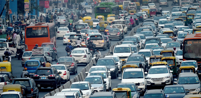 Vehicles clog the roads of New Delhi