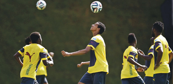 Cameroonu2019s players take part in a training session in Vitoria. (AFP) 