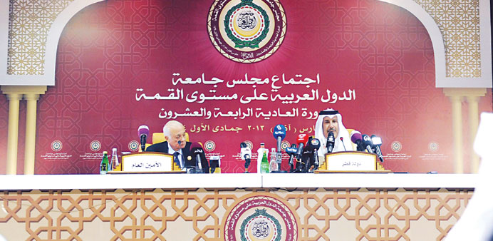 HE the Prime Minister and Foreign Minister Sheikh Hamad bin Jassim bin Jabor al-Thani and Arab League Secretary General Dr Nabil al-Arabi addressing a